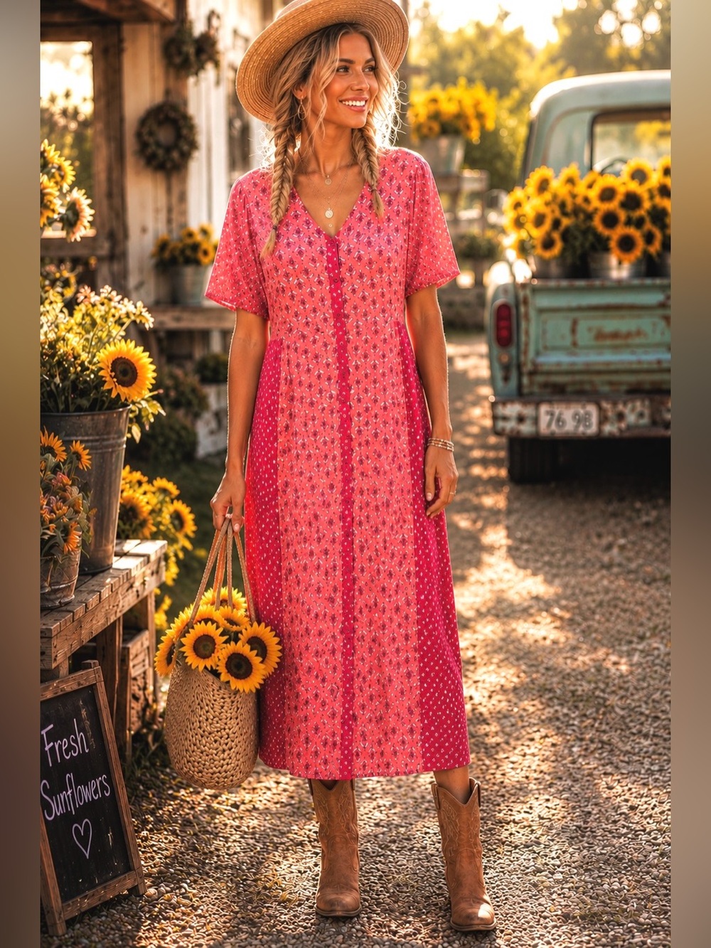 Sharagano Boho Floral Mixed-Print Midi Dress - Pink/Red